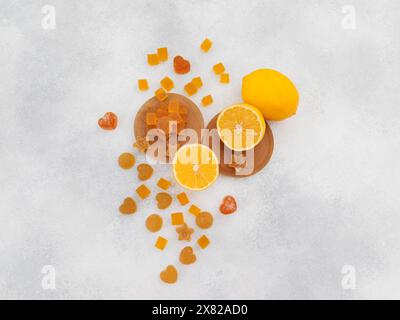 Homemade marmalade with lemon citrus fruits. Flat lay, top view Stock Photo
