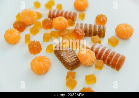 Homemade marmalade with juice mandarin fruits. Close up Stock Photo