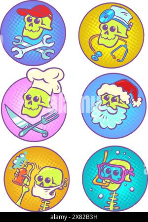 Set of professions with skeleton. A ready-made set of stickers, emojis and icons. Leisure time of the Halloween character. Comic cartoon pop art retro Stock Vector