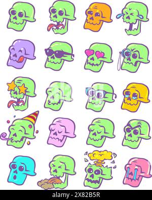 Set of skeleton skull emotions. Ready set of stickers and emojis. Holiday of the Dead and Mexico. Comic cartoon pop art retro vector illustration hand Stock Vector