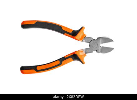 Isolated pliers on white background, diagonal metal cutting tool. Insulated grip handle for electrician, industrial work. Mechanical equipment for wir Stock Photo