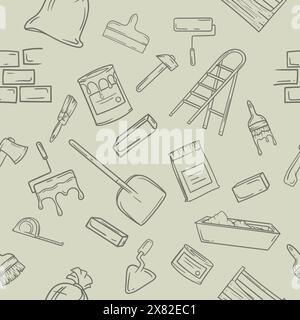 Seamless black and white pattern with construction and repair items. Editable illustration for gift paper, background Stock Vector