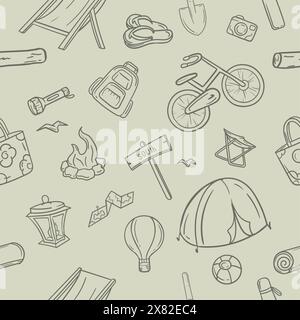 Seamless black and white pattern with hiking and camping items. Editable illustration for gift paper and background Stock Vector