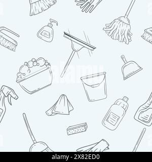 Seamless color pattern with cleaning items. Bright color illustration for gift paper, background and banner. Stock Vector