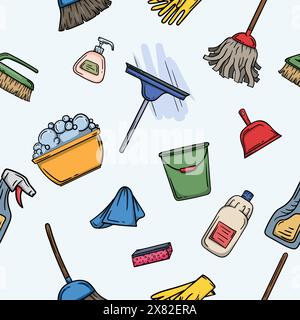 Seamless color pattern with cleaning items. Bright color illustration for gift paper, background and banner. Stock Vector