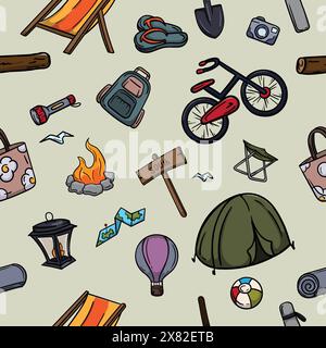 Seamless color pattern with hiking and camping items. Bright color illustration for gift paper, background and banner Stock Vector