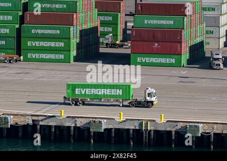 Los Angeles, California, USA - 12 January 2024: Articulated lorry transporting an Evergreen shipping container in the port of Los Angeles. Stock Photo
