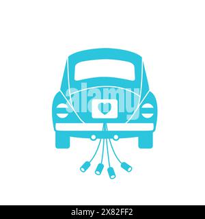 Minimalistic Vintage retro car, Wedding car, Back view, Isolated on white background. From blue icon set. Stock Vector
