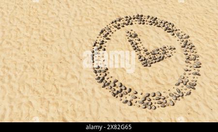 Concept or conceptual stones on beach sand handmade symbol shape, golden sandy background, clock icon. 3d illustration metaphor for time, countdown Stock Photo