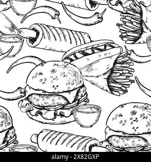 vector seamless pattern with fast food, burger, French fries in craft paper, garlic, sauce, pepper, hand drawn sketch of street food, black and white Stock Vector