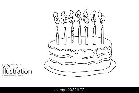 One line continuous birthday cake with candle symbol concept. Silhouette of dessert cafe restaurant holiday. Digital white single line sketch drawing Stock Vector