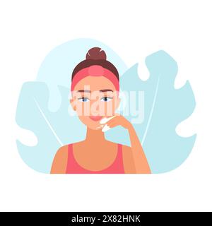 Woman facial skin care, young lady massaging chin using gua sha vector illustration Stock Vector
