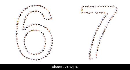 Concept or conceptual large community of people forming the fonts 6 and 7.  3d illustration metaphor for unity and diversity, humanitarian, teamwork, Stock Photo
