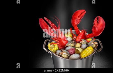 Lobster Bake Pot or lobsters boiling with corn clams and potatoes as a classic Atlantic coast festive meal and seafood cooking in New England. Stock Photo