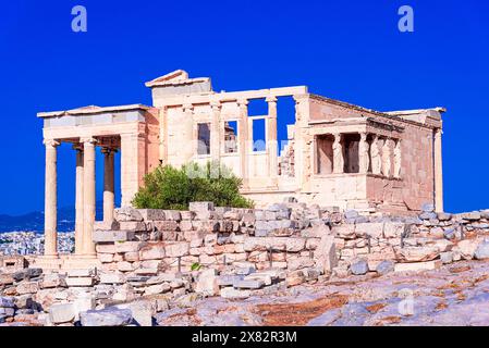 Athens, Greece: Temple of Erechtheion with the famous Six Caryatids or Karyatides at Porch on Acropolis, Europe travel destination Stock Photo