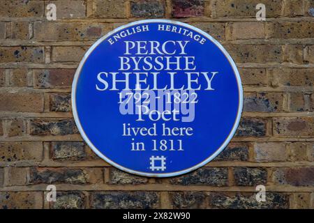 London, UK - January 15th 2024: A blue plaque on Poland Street in London, marking where famous poet Percy Bysshe Shelley lived in 1811. Stock Photo