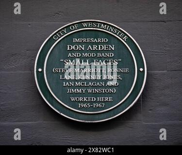 London, UK - January 15th 2024: Plaque on Carnaby Street in London, marking where impresario Don Arden and the band Small Faces worked in the 1960s. Stock Photo