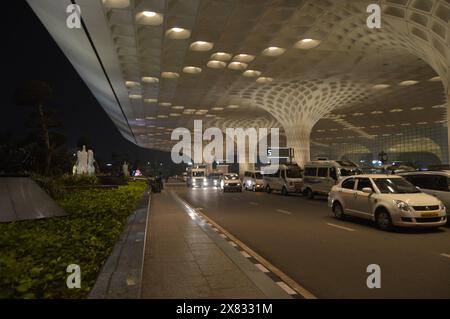 Beautiful exteriors of Mumbai International airport during night also called Chhatrapati Shivaji International Airport Stock Photo