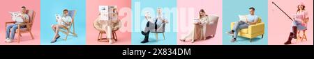 Collage of different people reading newspapers on pink and blue backgrounds Stock Photo