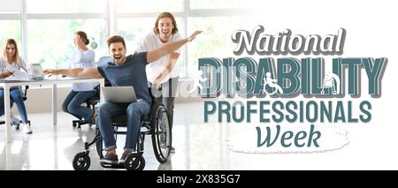 Young man with disability and his colleague having fun in office. Banner for National Disability Professionals Week Stock Photo