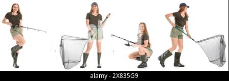 Set of young fisherwoman on white background Stock Photo