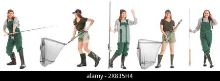 Set of young fisherwoman on white background Stock Photo