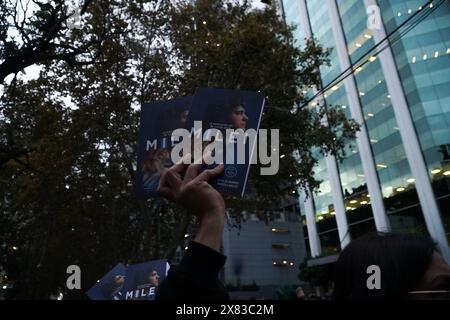 Buenos Aires, Argentina. 22nd May, 2024. Hundreds of supporters of Argentine President Javier Milei gather outside the radio station where he will present his new book and perform a show.  Buenos Aires, Argentina, 22 May, 2024. Credits Guillermo Castro Credit: Guillermo Castro/Alamy Live News Stock Photo