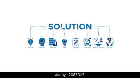 Solution banner web icon vector illustration concept with icons of problem, thinking, analysis, idea, strategy, execution, problem-solving, success Stock Vector