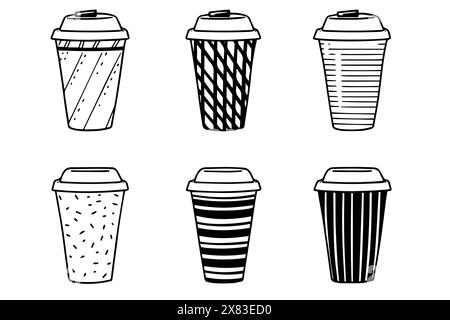 Set of taleaway paper coffee cup hand drawn ink sketch. Engraved style vector illustration. Stock Vector