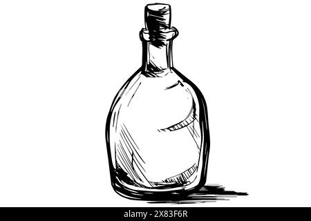 Vintage glass whisky bottle woodcut engraved vector sketch. Stock Vector