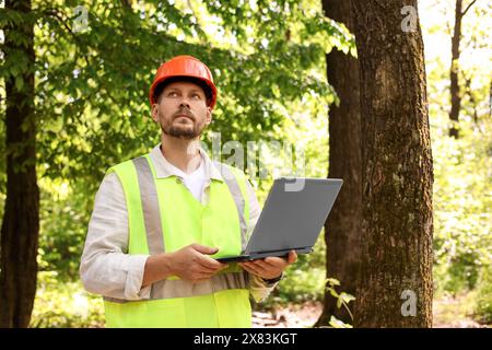 Forester in hard hat with laptop working in forest Stock Photo