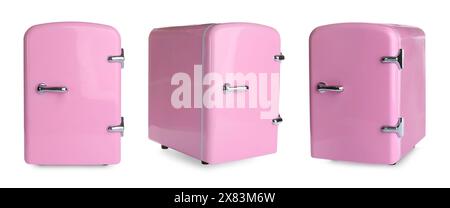 Mini refrigerator for cosmetic products isolated on white, set Stock Photo