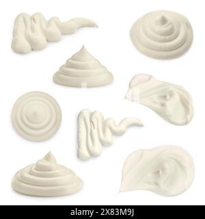 Sour cream or mayonnaise smears isolated on white, set. Delicious sauce Stock Photo