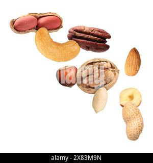 Many different nuts in air on white background Stock Photo