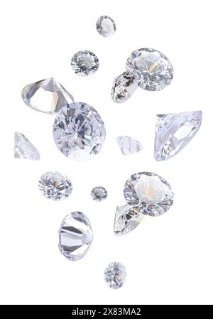 Beautiful shiny diamonds in air on white background Stock Photo - Alamy