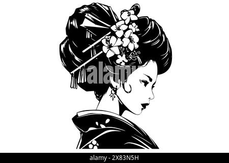 Traditional Japanese geisha in a kimono portrait in engraved style vector illustration. Stock Vector