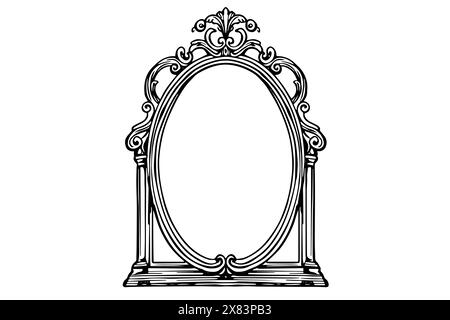 Vintage Ornate Mirror Vector Frame: Elegant Oval Design with Baroque and Victorian Influence. Stock Vector