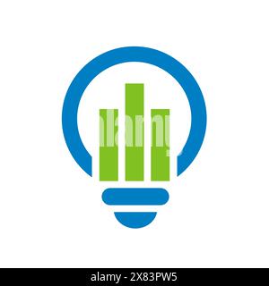 Light bulb graph chart bar logo icon design, flat vector illustration, blue green color on white background Stock Vector