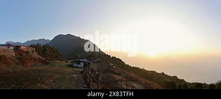 Sunrise over the village of Thadepati, a popular destination for trekkers in the Langtang region, Nepal, at an elevation of 3,650m above sea level Stock Photo