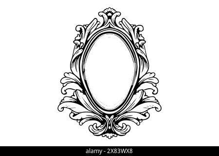 Vintage Ornate Mirror Vector Frame: Elegant Oval Design with Baroque and Victorian Influence. Stock Vector