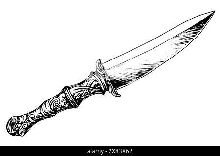 Vintage Dagger or Sword: Hand-Drawn Vector Illustration in Medieval Engraved Style. Stock Vector