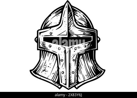 Knight helmet hand drawn ink sketch. Engraved style vector illustration. Stock Vector