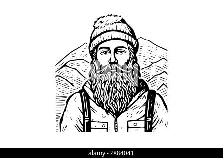Vintage Adventure Logo: Hand-Drawn Vector Illustration of a Hipster Hiker Conquering Mountains. Stock Vector