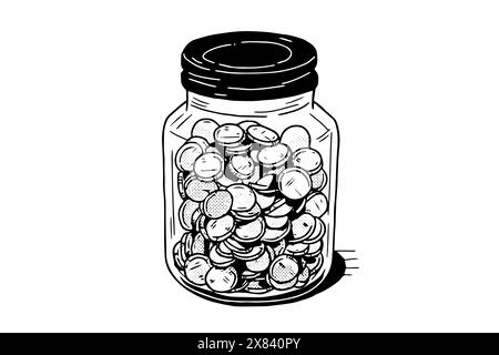 Full jar of coin hand drawn ink sketch. Engraved vector illistration. Stock Vector