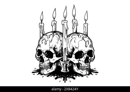 Scull with candle hand drawn ink sketch. Engraved style vector illustration. Stock Vector