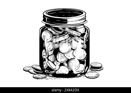 Full jar of coin hand drawn ink sketch. Engraved vector illistration. Stock Vector