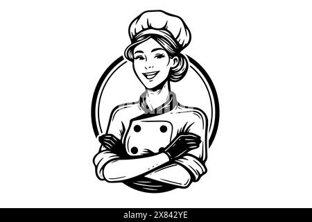 Smiley woman chef ink sketch in engraving style. Drawing young female vector illustration. Stock Vector