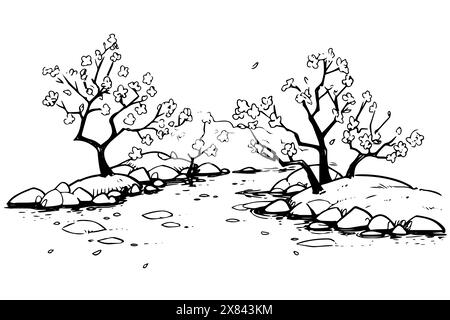 Minimalistic sakura tree landscape hand drawn ink sketch. Engraved style vector illustration. Stock Vector