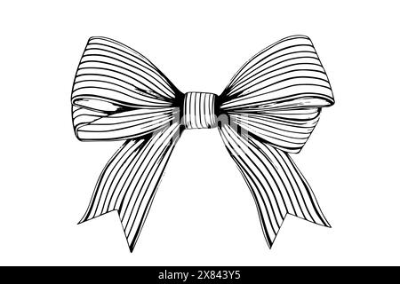 Vintage Christmas Gift: Hand-Drawn Bow and Ribbon Vector Sketch in Woodcut Style. Stock Vector