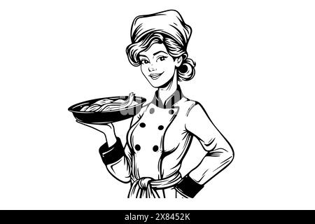 Smiley woman chef ink sketch in engraving style. Drawing young female vector illustration. Stock Vector